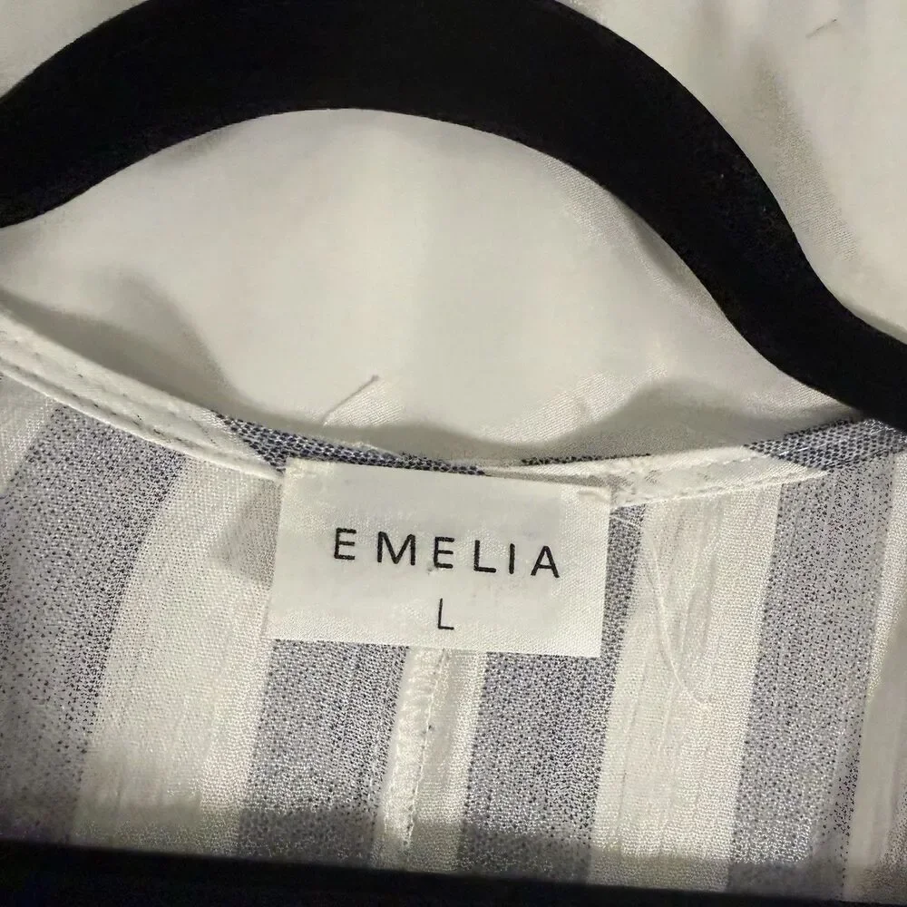 Emelia Blouse Women's Large Blue White Striped Lightweight Flowy V-Neck